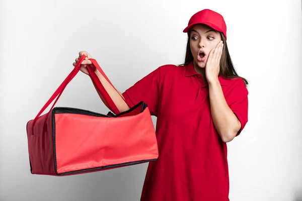 Young Pretty Woman Feeling Happy Excited Surprised Pizza Delivery Concept — Foto Stock
