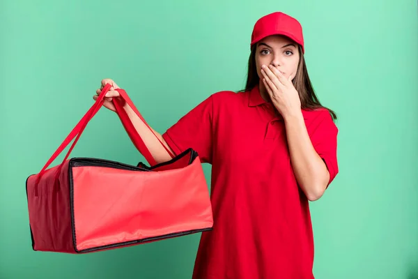 Young Pretty Woman Covering Mouth Hands Shocked Pizza Delivery Concept — Foto Stock