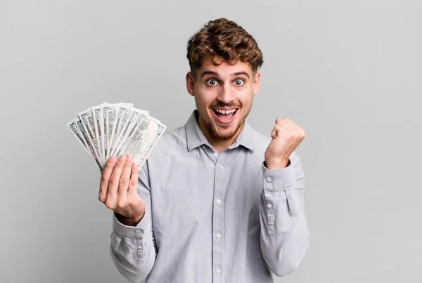 Young Adult Caucasian Man Feeling Shocked Laughing Celebrating Success Dollar — Foto Stock