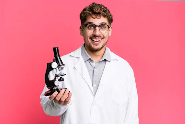 Young Adult Caucasian Man Looking Happy Pleasantly Surprised Scients Laboratory — Fotografia de Stock