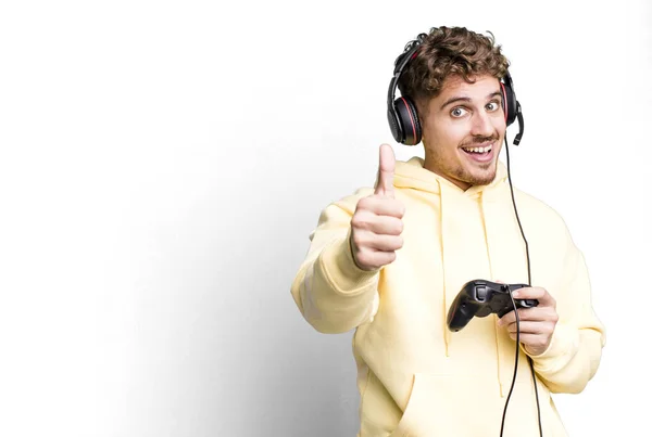 Young Adult Caucasian Man Feeling Proud Smiling Positively Thumbs Headset — Fotografie, imagine de stoc
