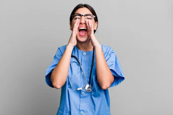 Feeling Happy Giving Big Shout Out Hands Next Mouth Nurse — Stock Photo, Image