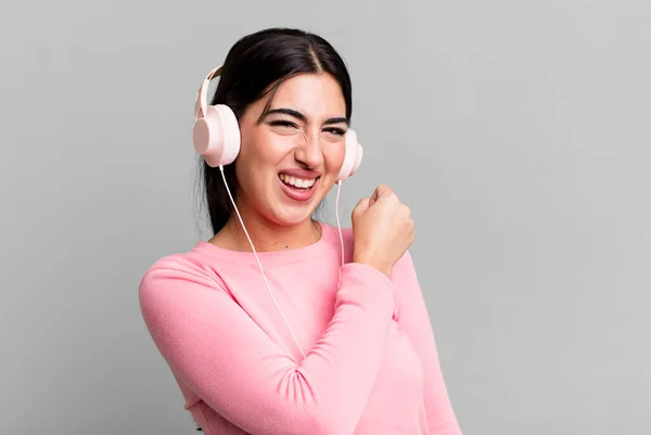 Feeling Happy Facing Challenge Celebrating Listening Music Headphones — Zdjęcie stockowe