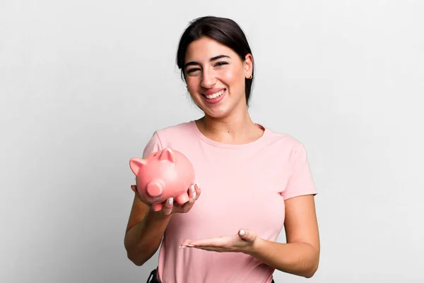 Smiling Cheerfully Feeling Happy Showing Concept Piggy Bank — Stok fotoğraf
