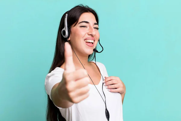 Feeling Proud Smiling Positively Thumbs Telemarketer Concept — Foto Stock