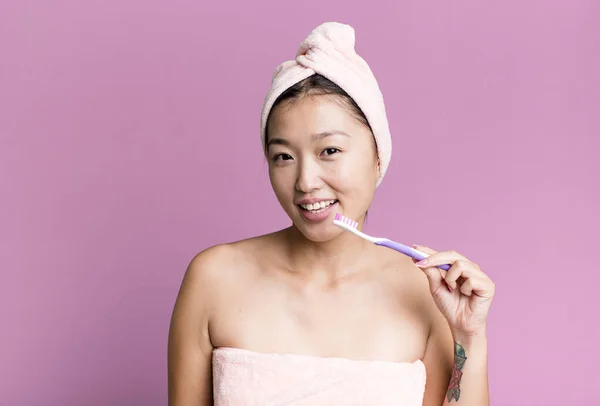 Young Adult Pretty Asian Woman Toothbrush — Fotografia de Stock