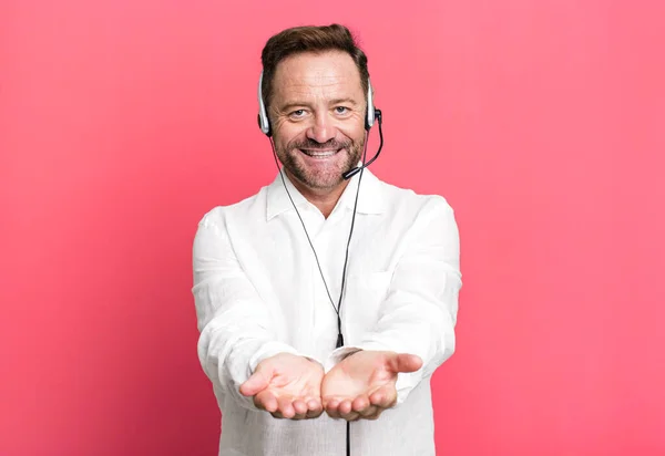 Middle Age Man Smiling Happily Friendly Offering Showing Concept Telemarketer — Stock Photo, Image