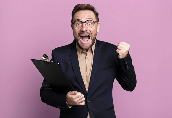 Middle Age Man Feeling Shocked Laughing Celebrating Success Inventory Business — Foto de Stock