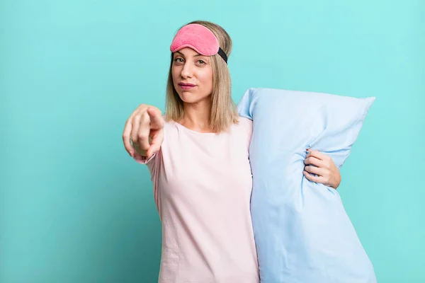 Pretty Blonde Woman Pointing Camera Choosing You Pajamas Nightwear Concept — Zdjęcie stockowe