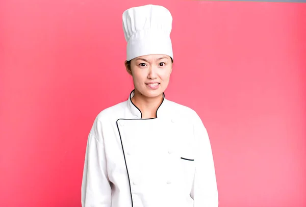 Pretty Asian Woman Looking Puzzled Confused Restaurant Chef Concept — Foto de Stock