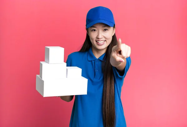 Pretty Asian Woman Pointing Camera Choosing You Delivery Packages Concept — Fotografia de Stock