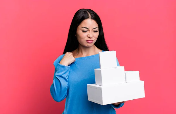 Hispanic Pretty Woman Feeling Stressed Anxious Tired Frustrated White Boxes — Fotografia de Stock
