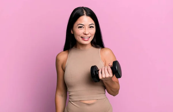 Hispanic Pretty Woman Looking Happy Pleasantly Surprised Fitness Concept Dumbbell —  Fotos de Stock
