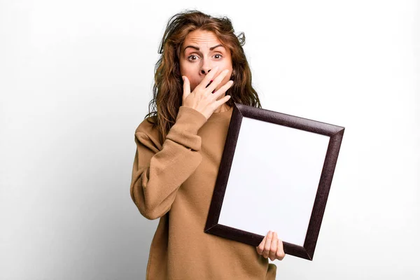 Hispanic Pretty Woman Covering Mouth Hands Shocked Empty Blank Frame — Foto de Stock