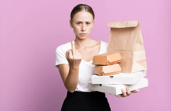 Caucasian Pretty Woman Feeling Angry Annoyed Rebellious Aggressive Fast Food — Foto Stock