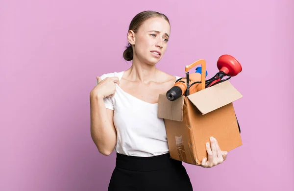 Caucasian Pretty Woman Feeling Stressed Anxious Tired Frustrated Tool Box — Foto Stock