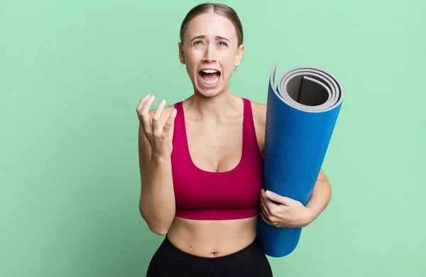 Caucasian Pretty Woman Looking Desperate Frustrated Stressed Fitness Yoga Concept — Stockfoto