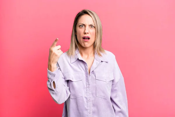 Blonde Adult Woman Pointing Camera Angry Aggressive Expression Looking Furious — Stock Photo, Image