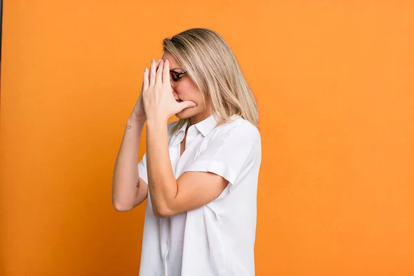 Blonde Adult Woman Covering Eyes Hands Sad Frustrated Look Despair — Stock Photo, Image