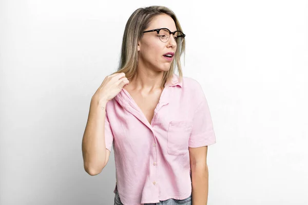 Blonde Adult Woman Feeling Stressed Anxious Tired Frustrated Pulling Shirt — Stockfoto