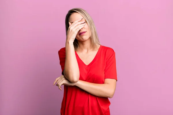 Blonde Adult Woman Looking Stressed Ashamed Upset Headache Covering Face — Photo