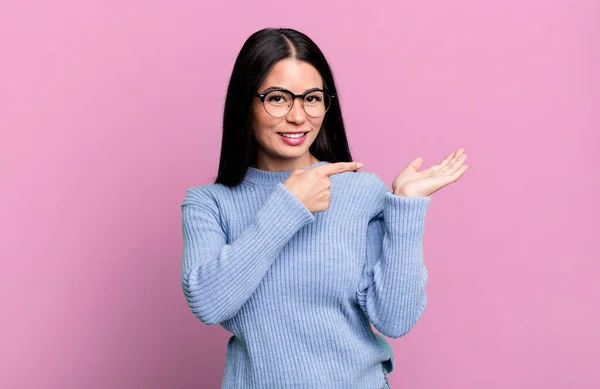 Pretty Latin Woman Smiling Feeling Happy Carefree Satisfied Pointing Concept — Stock Photo, Image