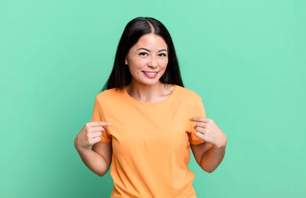 Pretty Latin Woman Looking Proud Positive Casual Pointing Chest Both — Stockfoto