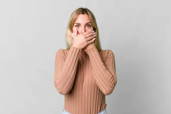 Caucasian Blonde Woman Covering Mouth Hands Shocked — Foto Stock