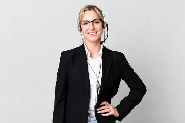 Caucasian Blonde Woman Smiling Happily Hand Hip Confident Telemarketing Cocnept — Stock Photo, Image