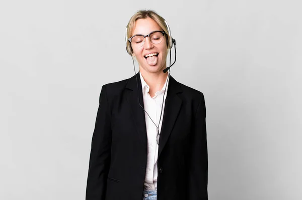 Caucasian Blonde Woman Cheerful Rebellious Attitude Joking Sticking Tongue Out — Stock Photo, Image