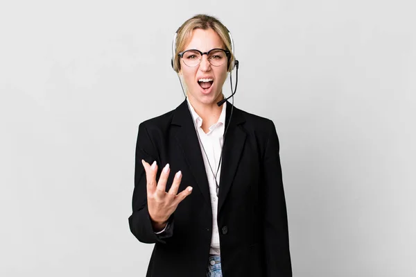 Caucasian Blonde Woman Looking Angry Annoyed Frustrated Telemarketing Cocnept — Stock Photo, Image