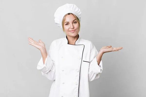 Caucasian Blonde Woman Feeling Puzzled Confused Doubting Chef Concept — 图库照片