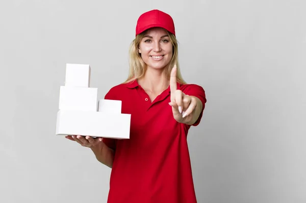 Caucasian Blonde Woman Smiling Proudly Confidently Making Number One Delivery — Stok fotoğraf