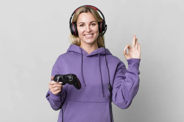 Caucasian Blonde Woman Feeling Happy Showing Approval Okay Gesture Gamer — Stok fotoğraf