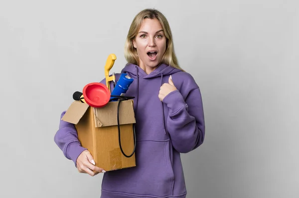 Caucasian Blonde Woman Feeling Happy Pointing Self Excited Housekeeper Concept — Foto Stock