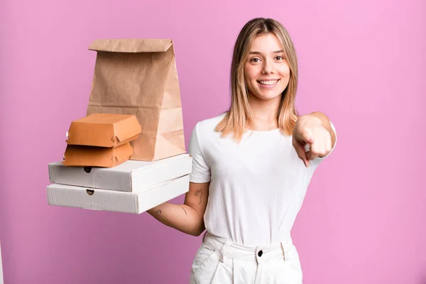 Young Pretty Woman Pointing Camera Choosing You Delivery Take Away — Stock Photo, Image