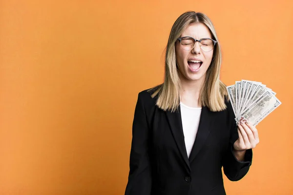 Young Pretty Woman Shouting Aggressively Looking Very Angry Business Money —  Fotos de Stock