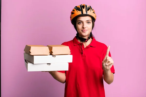 Young Pretty Woman Smiling Proudly Confidently Making Number One Pizza — Stockfoto