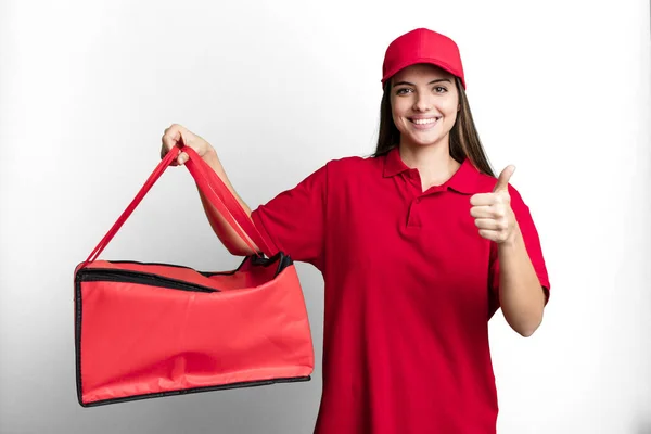 Young Pretty Woman Feeling Proud Smiling Positively Thumbs Pizza Delivery — Stockfoto