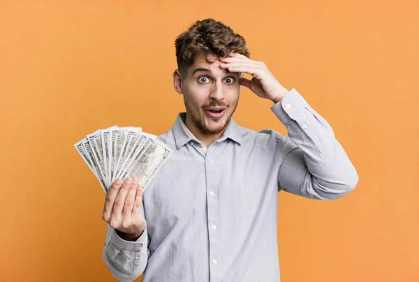 Young Adult Caucasian Man Looking Happy Astonished Surprised Dollar Bank — Stockfoto