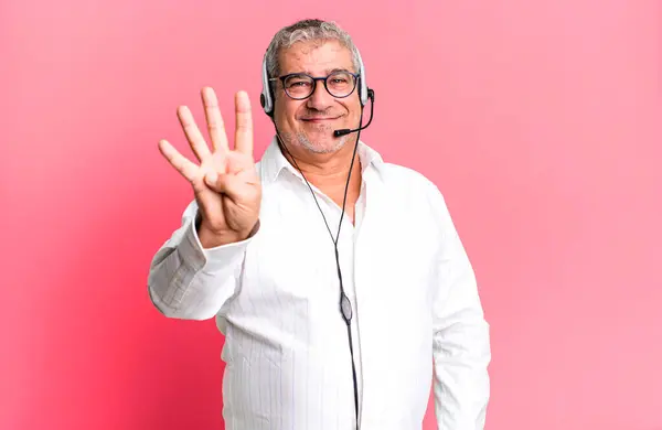 Middle Age Senior Man Smiling Looking Friendly Showing Number Four — Stock Photo, Image