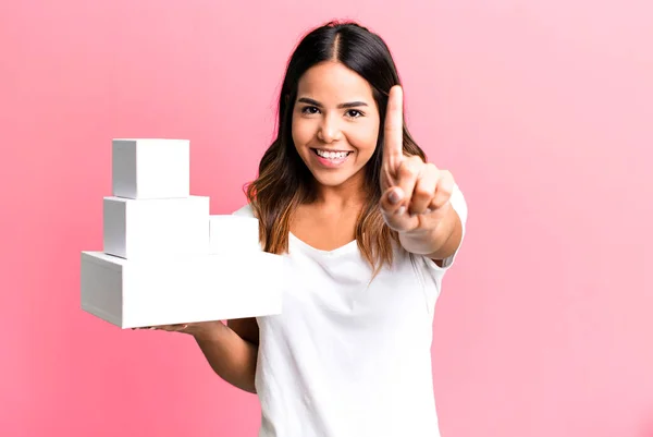 Hispanic Pretty Woman Smiling Proudly Confidently Making Number One Blank — Stock Photo, Image