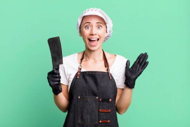 feeling happy and astonished at something unbelievable. butcher concept