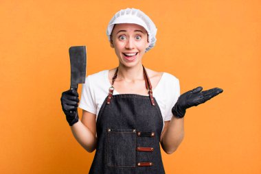 feeling happy, surprised realizing a solution or idea. butcher concept