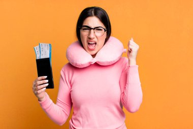 shouting aggressively with an angry expression. flight passenger concept