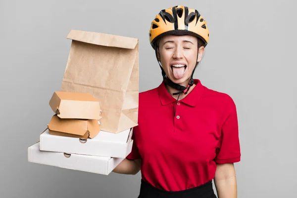 Cheerful Rebellious Attitude Joking Sticking Tongue Out Fast Food Delivery — Stock Fotó