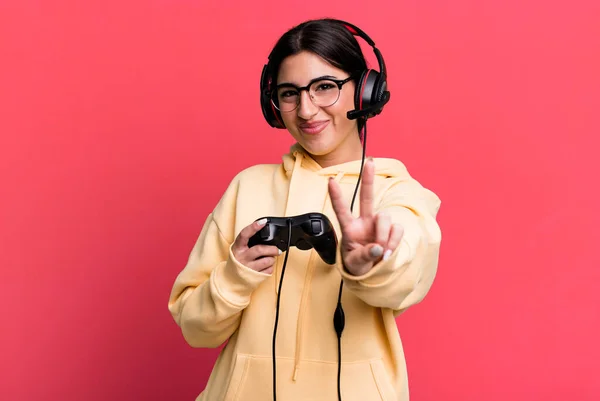 Smiling Looking Happy Gesturing Victory Peace Gamer Concept — Stock fotografie