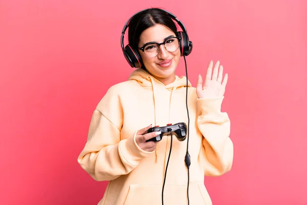 Smiling Happily Waving Hand Welcoming Greeting You Gamer Concept — Foto Stock