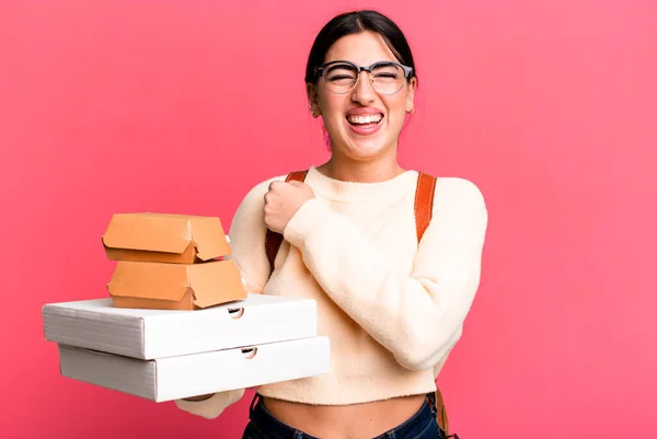 Feeling Happy Facing Challenge Celebrating Fast Food Delivery Take Away — Stok fotoğraf