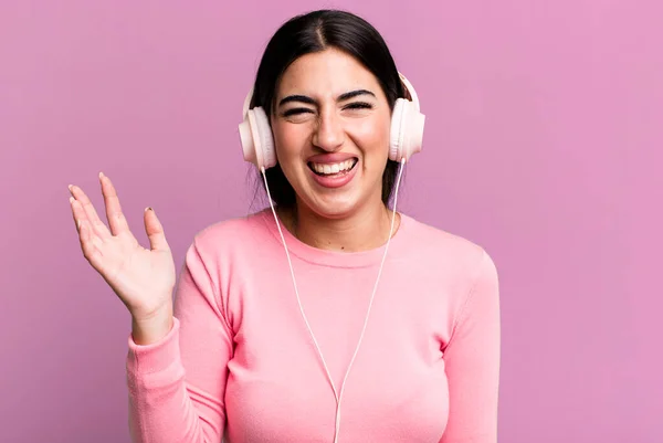 Feeling Happy Surprised Realizing Solution Idea Listening Music Headphones — Stockfoto
